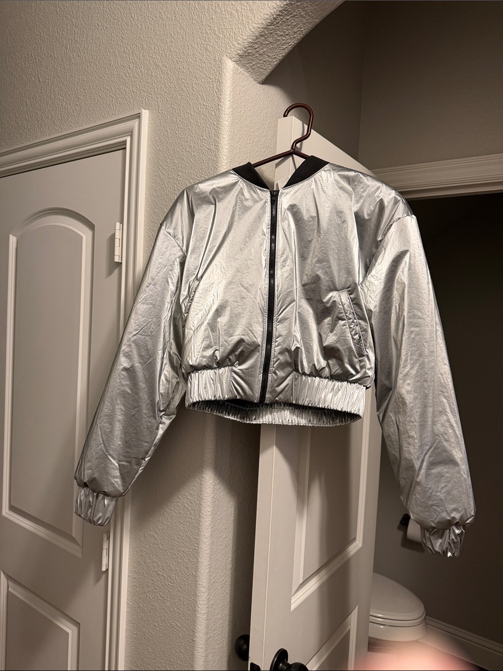 Zumba Fitness Metallic Silver Cropped Bomber Jacket